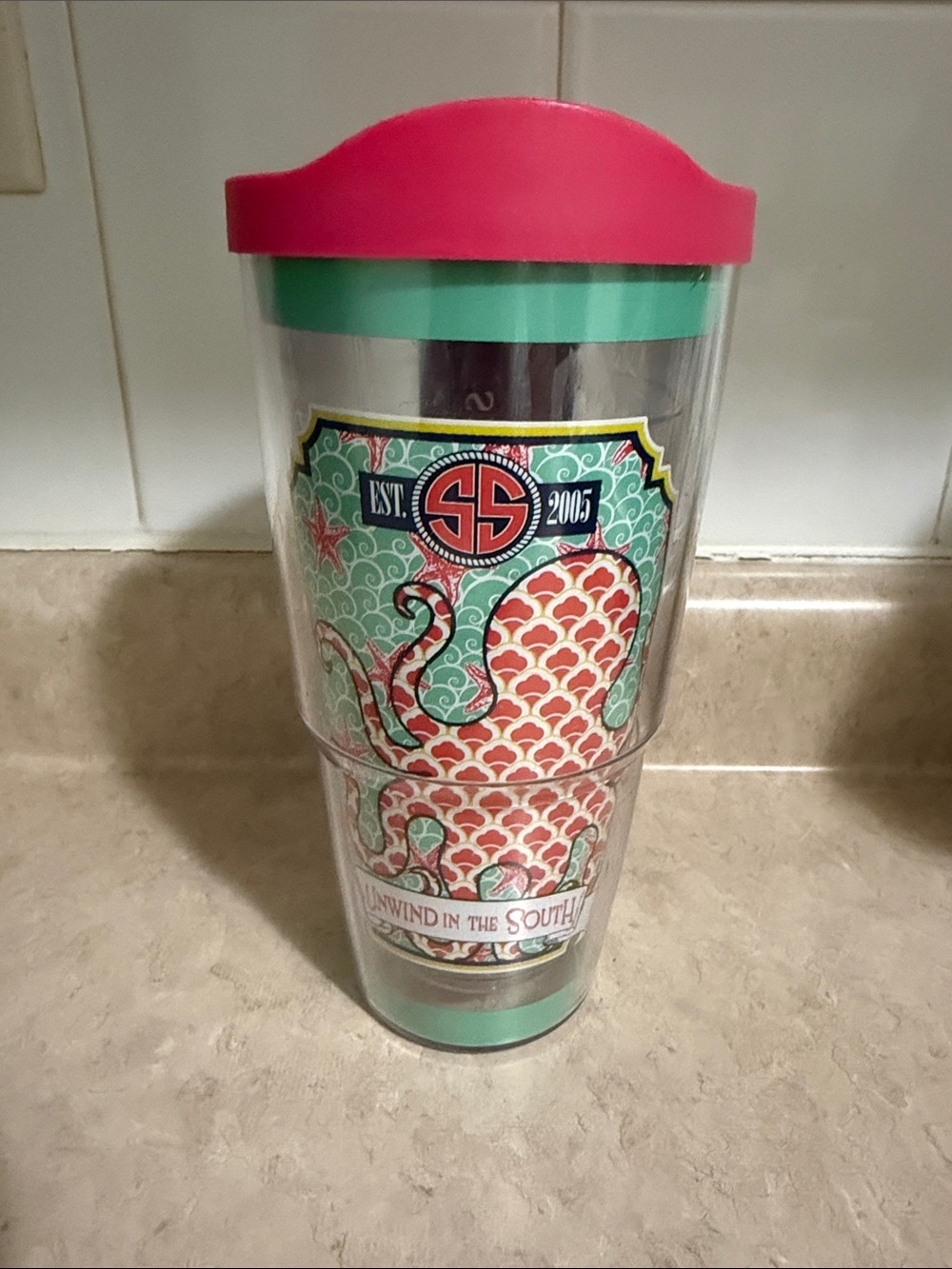 Monogrammed Simply Southern Octopus Tervis Tumbler with Pink Lid & Mint Detail